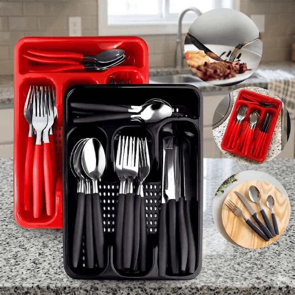 Conjunto 17 Peças Faqueiro com Porta Talher - Vermelha-garfo-faca-colher-sobremesa-talher-pote