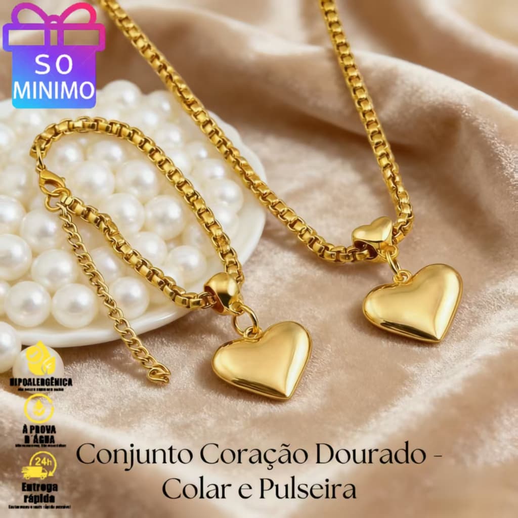 Conjunto Coração Dourado: Colar + Pulseira à Prova d’Água e Hipoalergênico