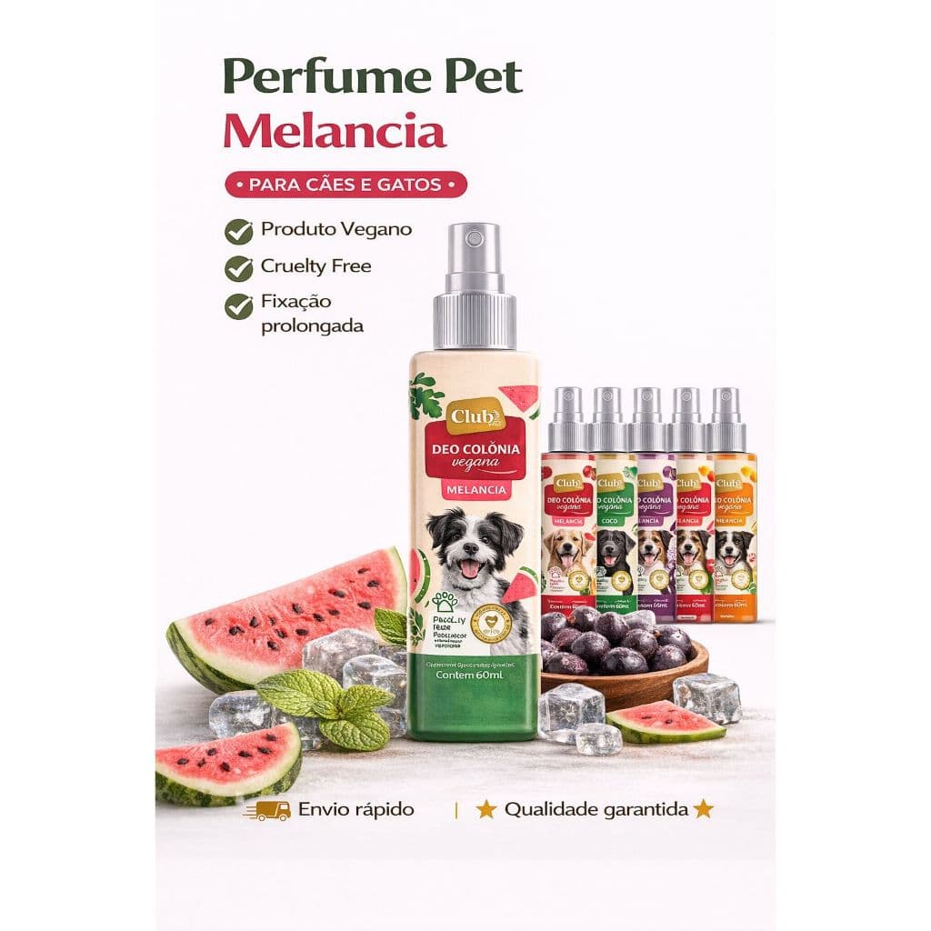 Deo Colônia Pet Melancia para Cães e Gatos 60ml Perfume Pet Vegano Cruelty Free Club Pet
