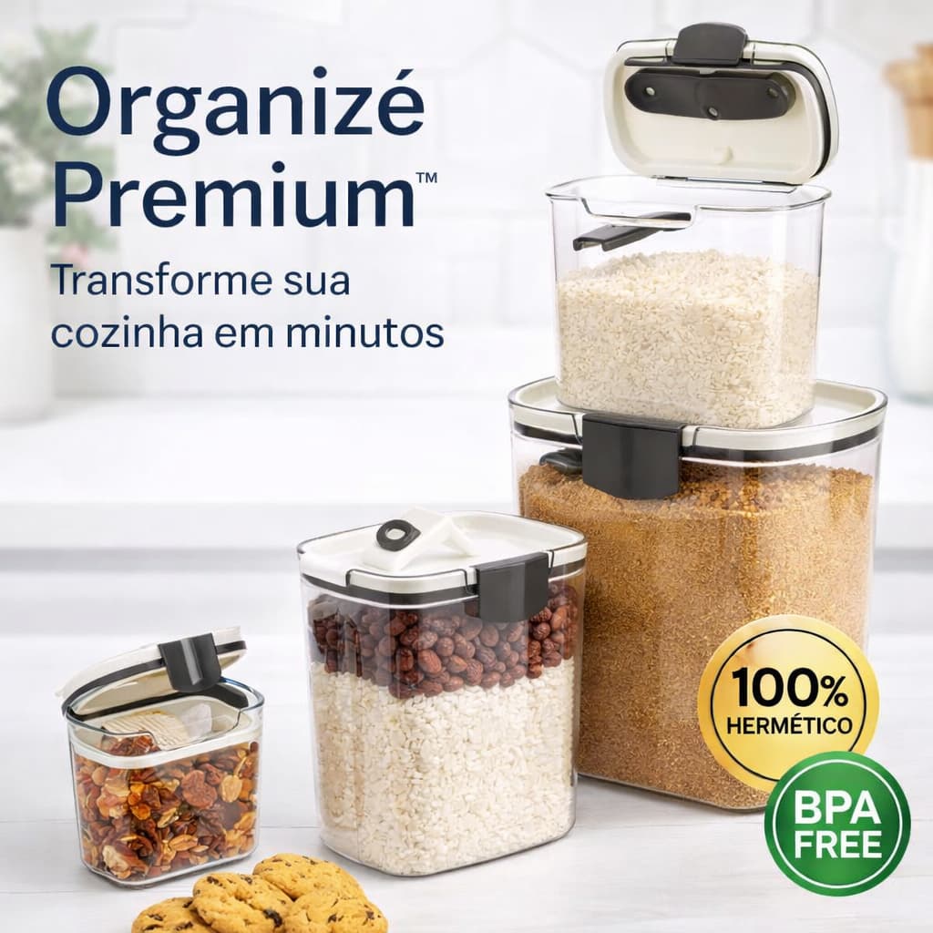 Kit 4 Potes Hermeticos Organizadores Cozinha BPA Free Vedacao Trava Empilhavel Conserva Alimentos Organize Premium