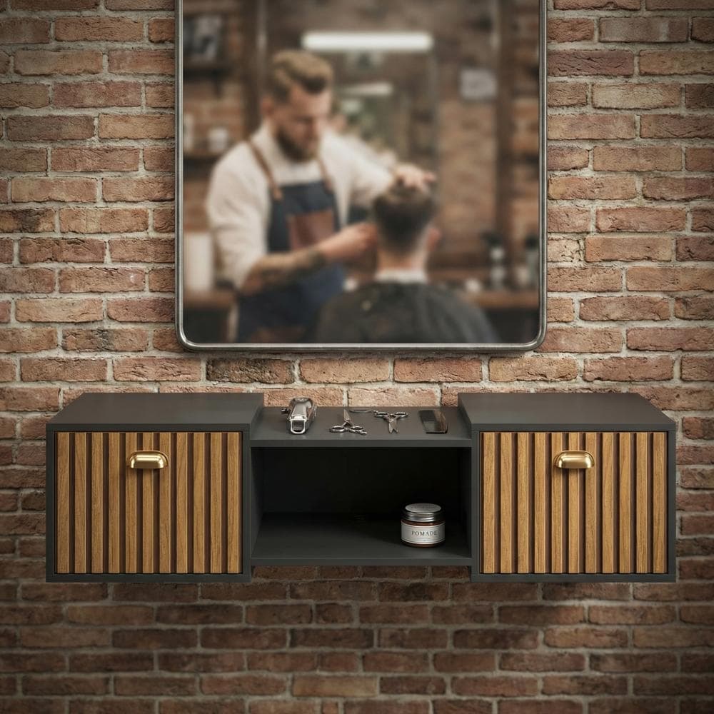 Bancada Barber Shop VEGAS Corleone Vintage | Móvel para Barbearia com 2 Portas e Amplo Espaço