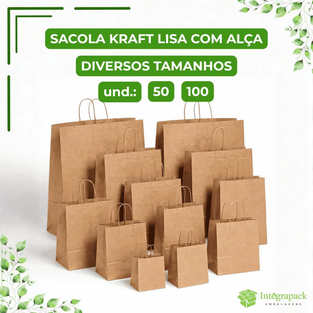 Sacola Kraft Lisa com Alça de Papel Torcido 50 e 100 Unidades Embalagem Resistente Delivery Loja