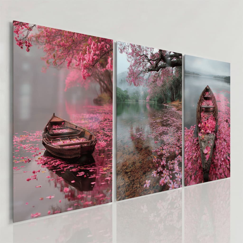 Quadros Decorativos Paisagem Lago Barco Flores Rosas Natureza Calma Kit 3 Peças