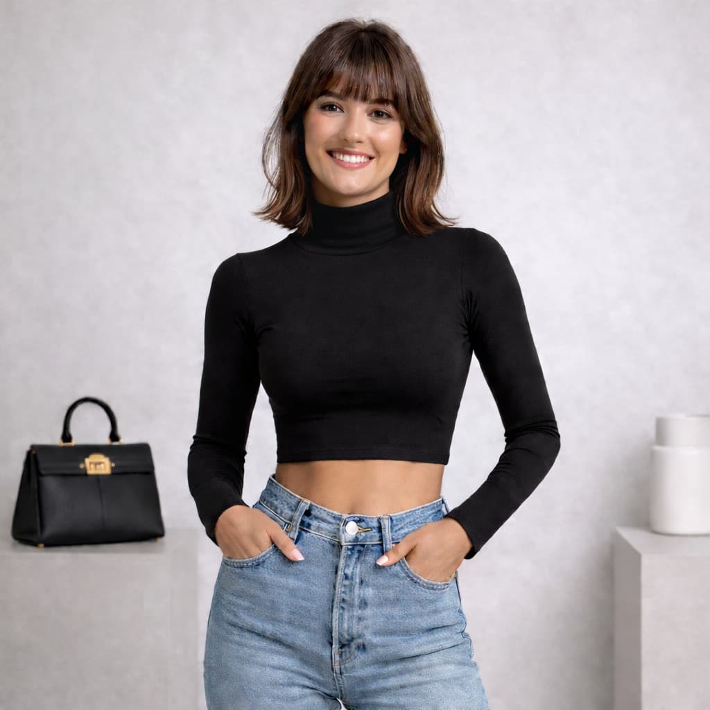 Blusa Cropped Feminina Gola Alta Manga Longa Básico Chic