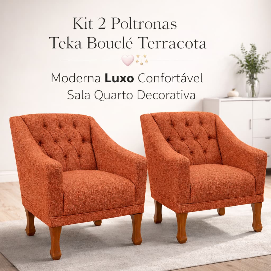 Kit 2 Poltronas Teka Bouclé Terracota 🧡 Confortável Moderna Sala Quarto