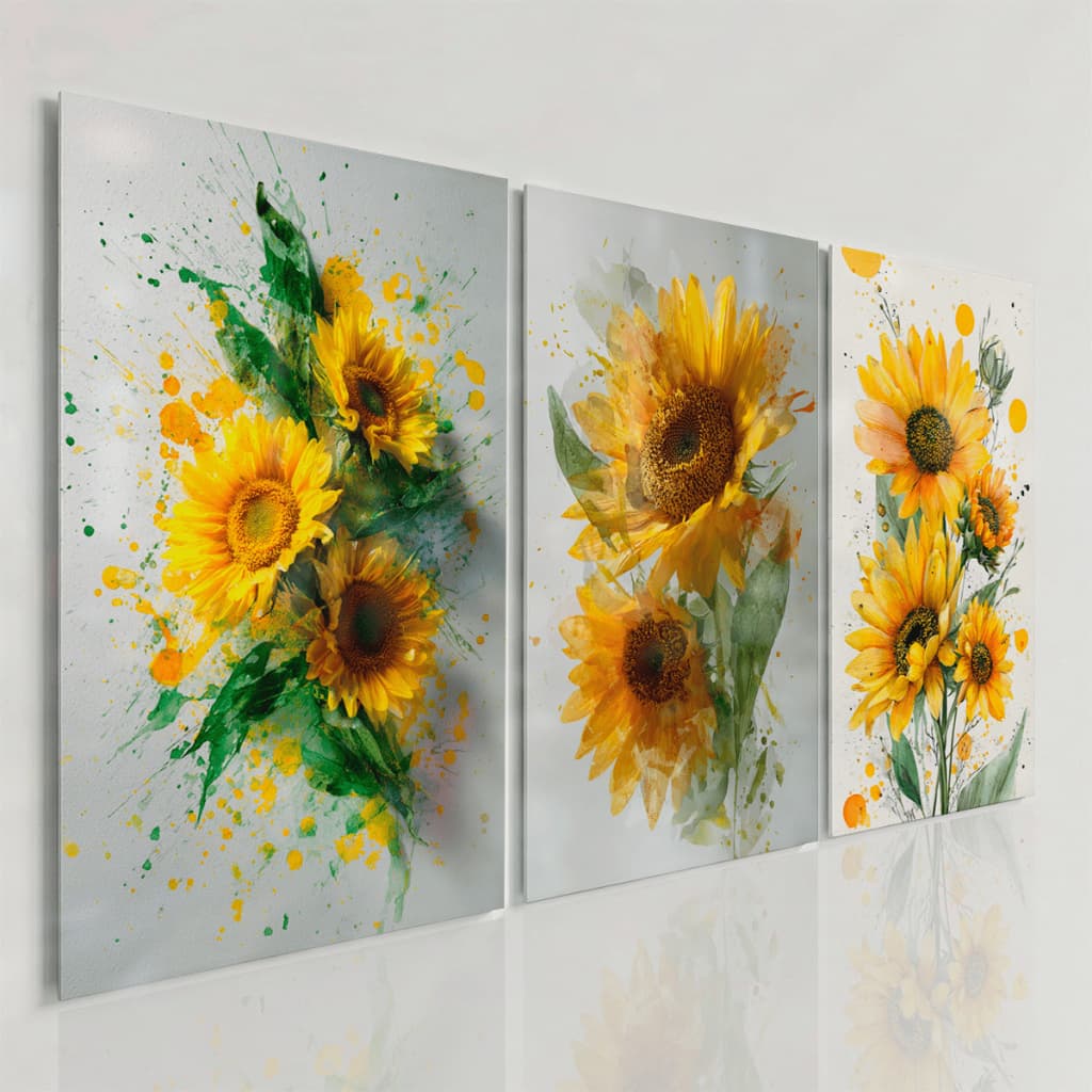 Quadros Decorativos Girassol Aquarela Amarelo Verde Vibrante Kit 3 Peças Sala Moderna