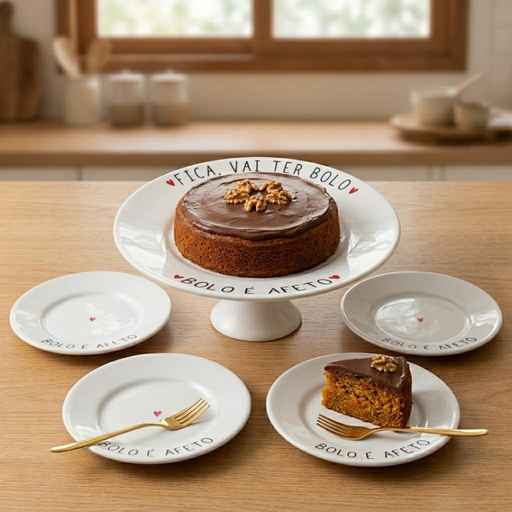Boleira com Pé 25cm + 4 Pratos Sobremesa “Fica Vai Ter Bolo” Porcelana Decorada Mesa Posta