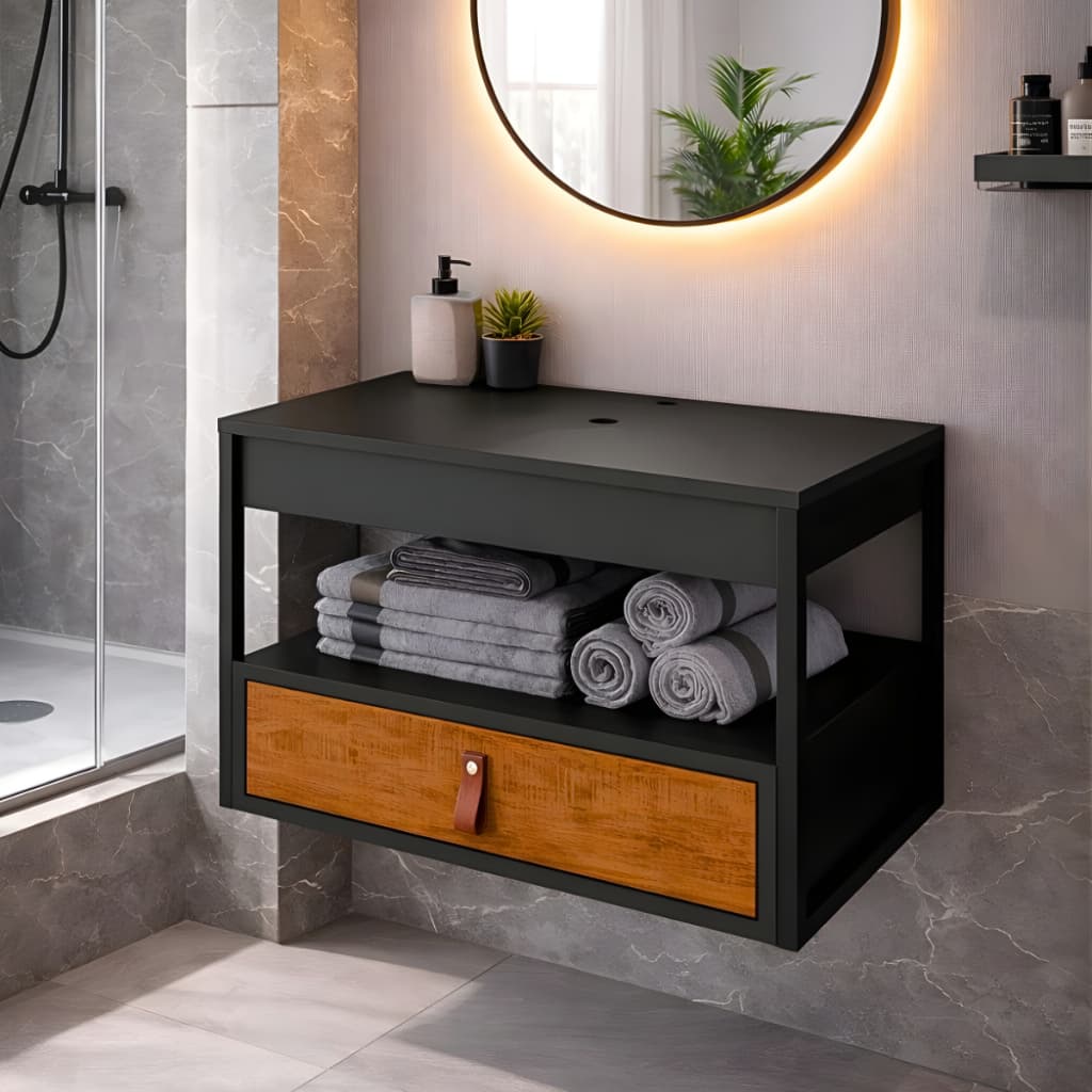 *LANÇAMENTO* Gabinete Armário de Banheiro Suspenso Estilo Industrial Harley 1 Gaveta e Nicho CORES