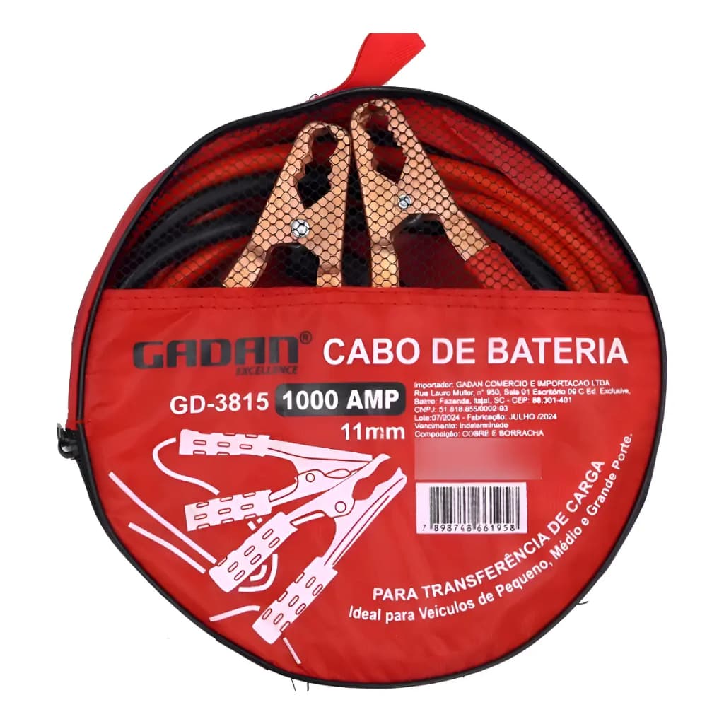 Cabo Chupeta 600A 2,5m Recarga Bateria Automotiva Carro Moto Auxiliar Partida Emergência