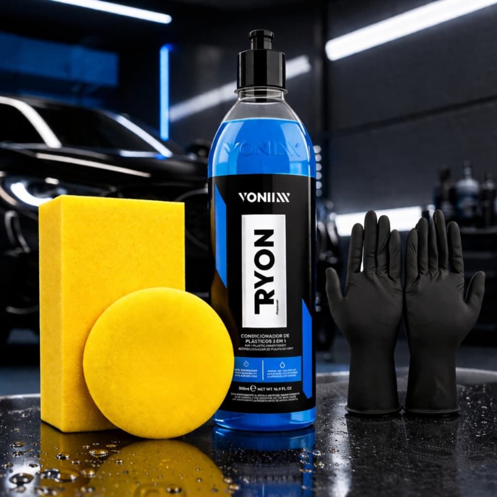 Kit Restaurador Condicionador Plásticos E Borrachas Aplicador Espuma Par Luva Nitrilica Automotivo