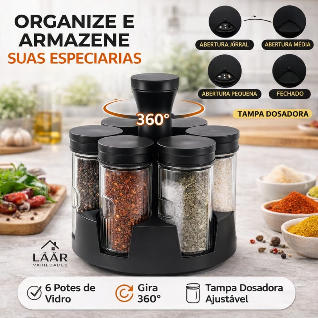 Organizador Giratório De Porta Temperos Vidro Cozinha 6 Potes Condimento Prático Tampa Dosadora