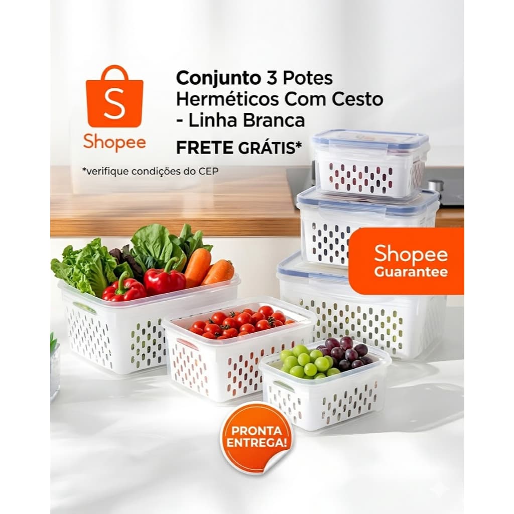 Kit 3 Potes Herméticos com Cesto Organizador Geladeira Frutas Legumes