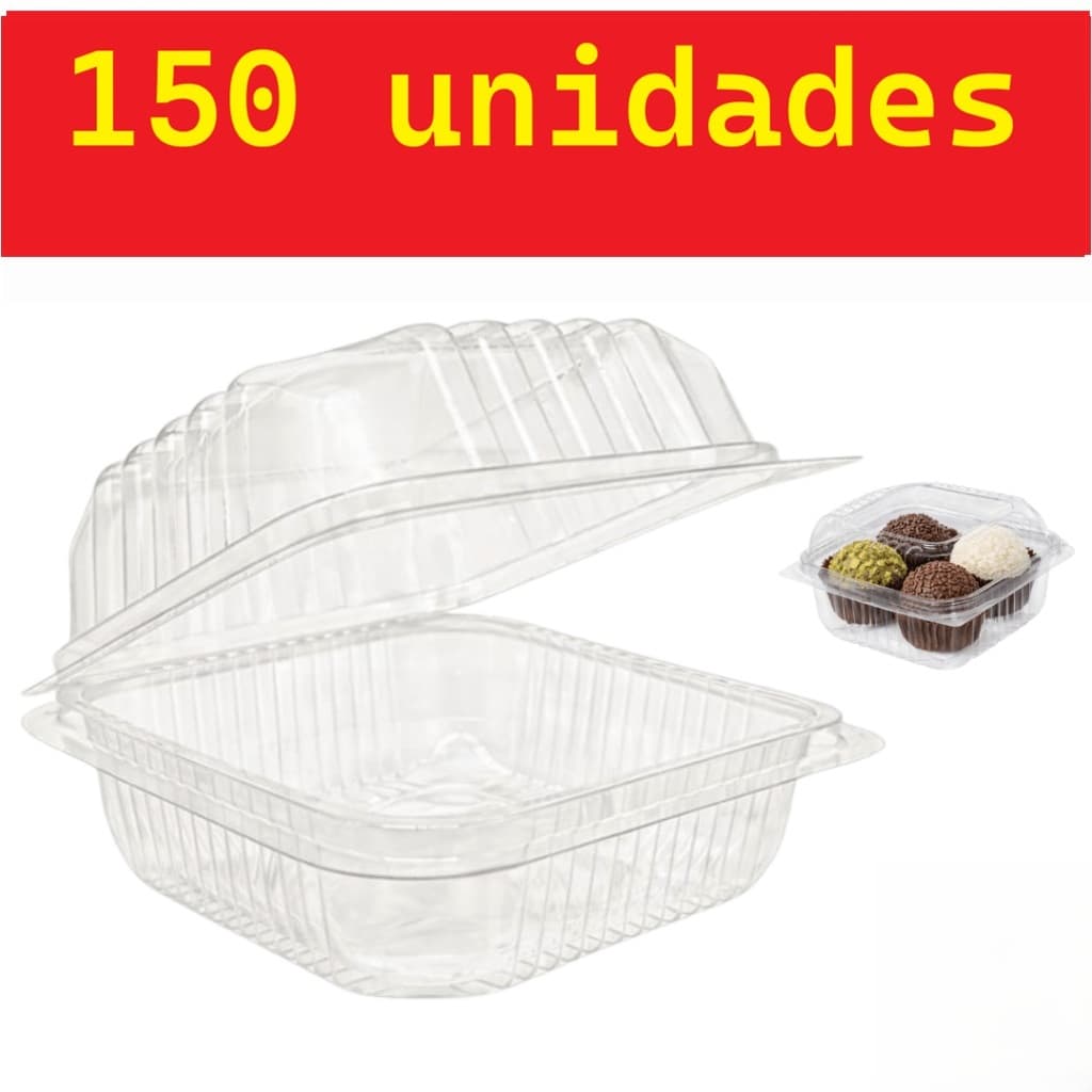 Kit 150 Embalagem Quadrada com Tampa para Bolo e Sobremesa 200ml