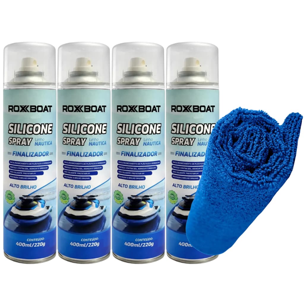 Kit C/ 4 Silicone Náutico Spray Roxcar Proteção Brilho 400ml C/ Pano - Barcos Lanchas E Jetski