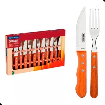 Faqueiro Tramontina Jumbo 12 Pecas Churrasco Aco Inox Cabo Madeira 6 Facas 6 Garfos Jantar Talheres