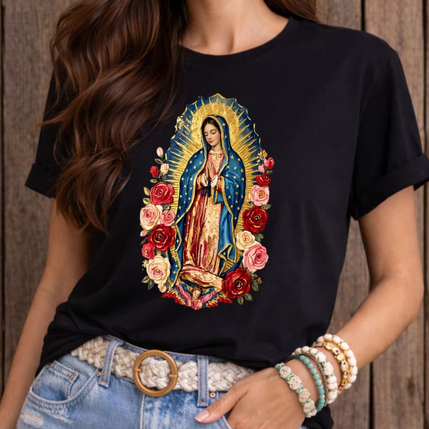 BLUSA CAMISETA GUADALUPE PRETA ALGODÃO, t shirt santa virgem Maria católica cristã, blusinha plus size religiosa