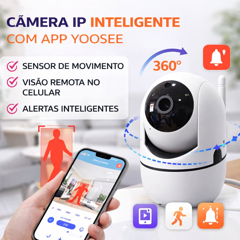 Câmera IP Wi-Fi Smart HD 360° PTZ com Auto Tracking e Visão Noturna – 1 Antena Sem Fio
