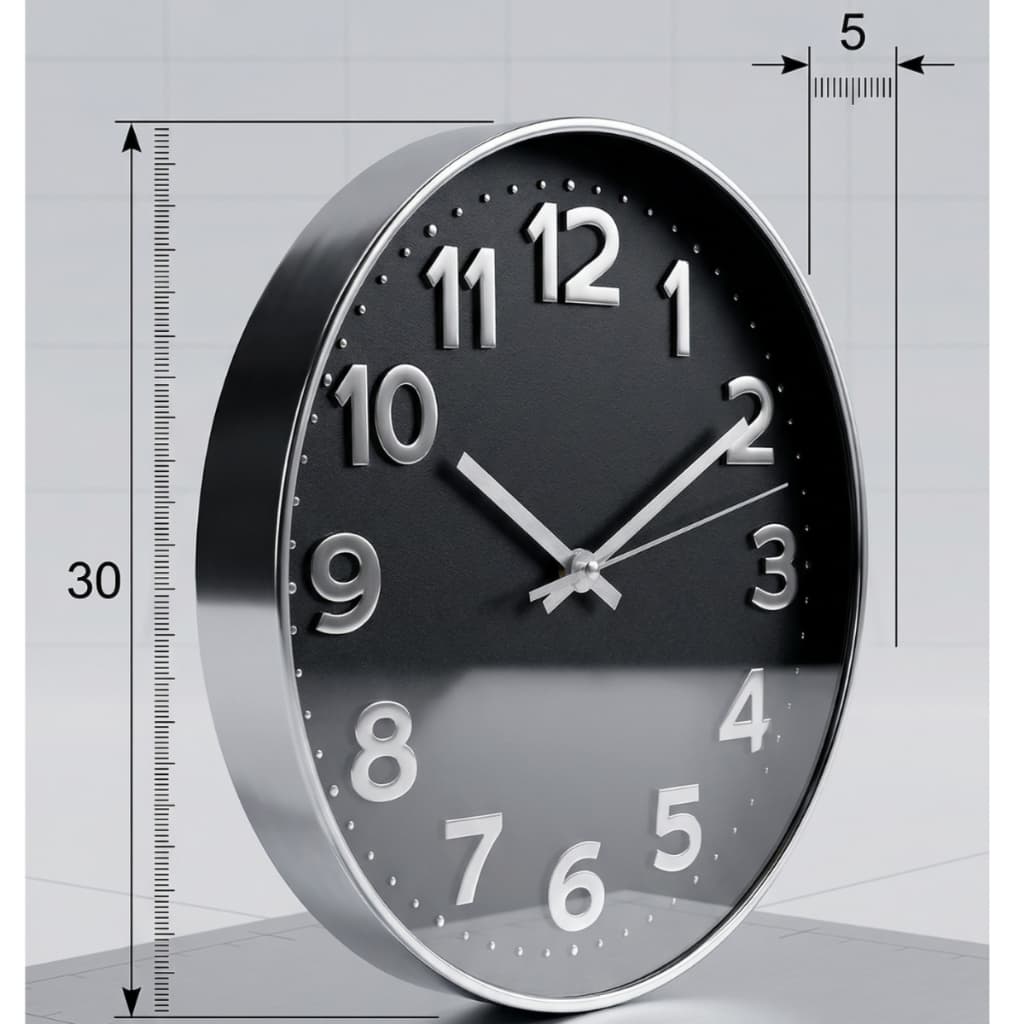 Relógio de Parede 30cm Preto Números Grandes Moderno Minimalista Silencioso Decorativo