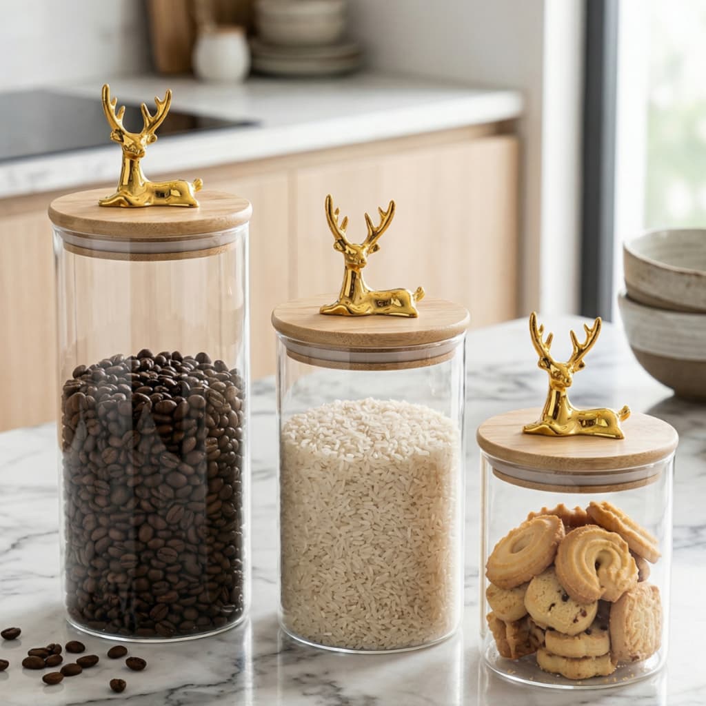 Potes de Vidro com Tampa Bambu Cervo Dourado Kit 3 Peças Porta Mantimentos Café Biscoito Luxo