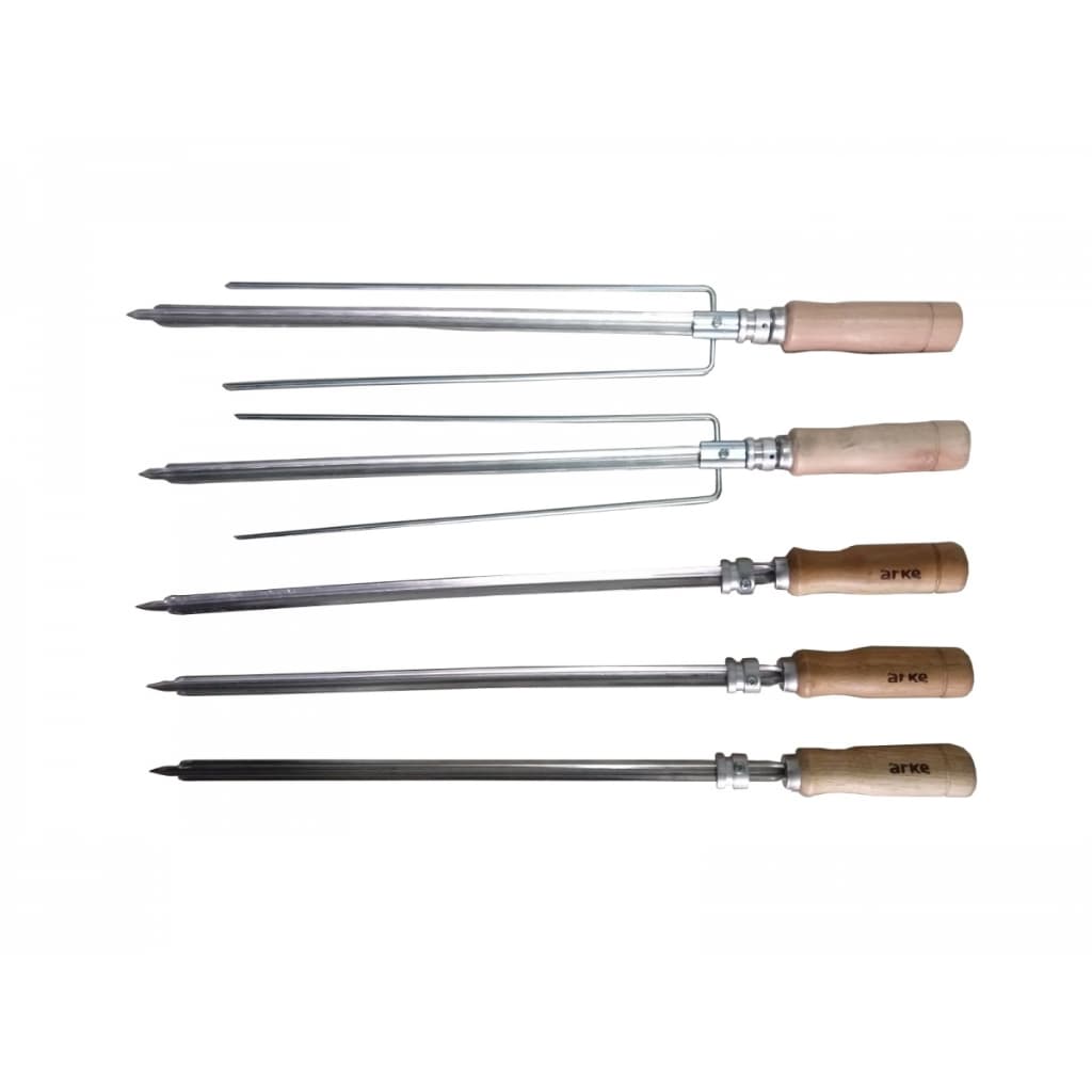 Kit 5 Espetos churrasqueira assador rotativo 2 Triplos tridente 3 Simples espada lâmina inox Arke AGR Vitta Vulcano cabo