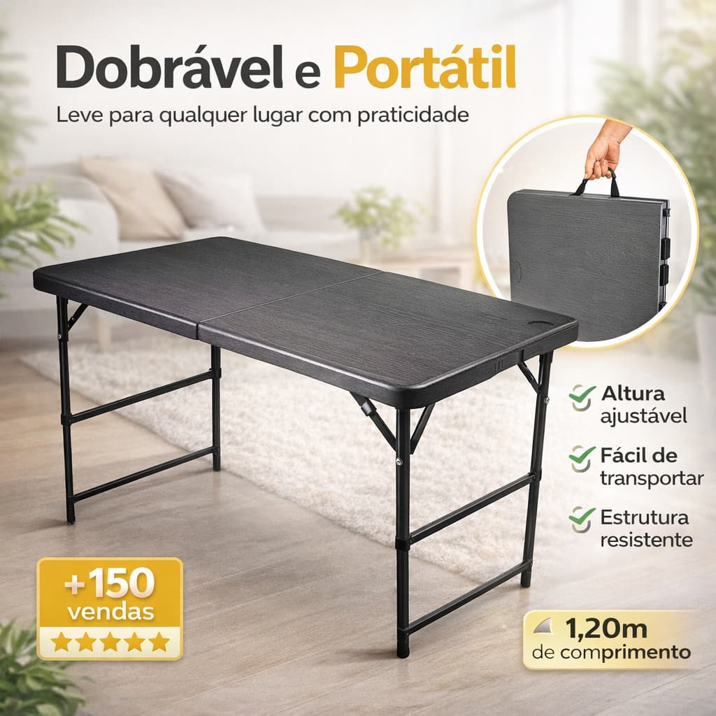Mesa Dobrável Portátil Cinza 120cm Vira Maleta Com Alça Resistente