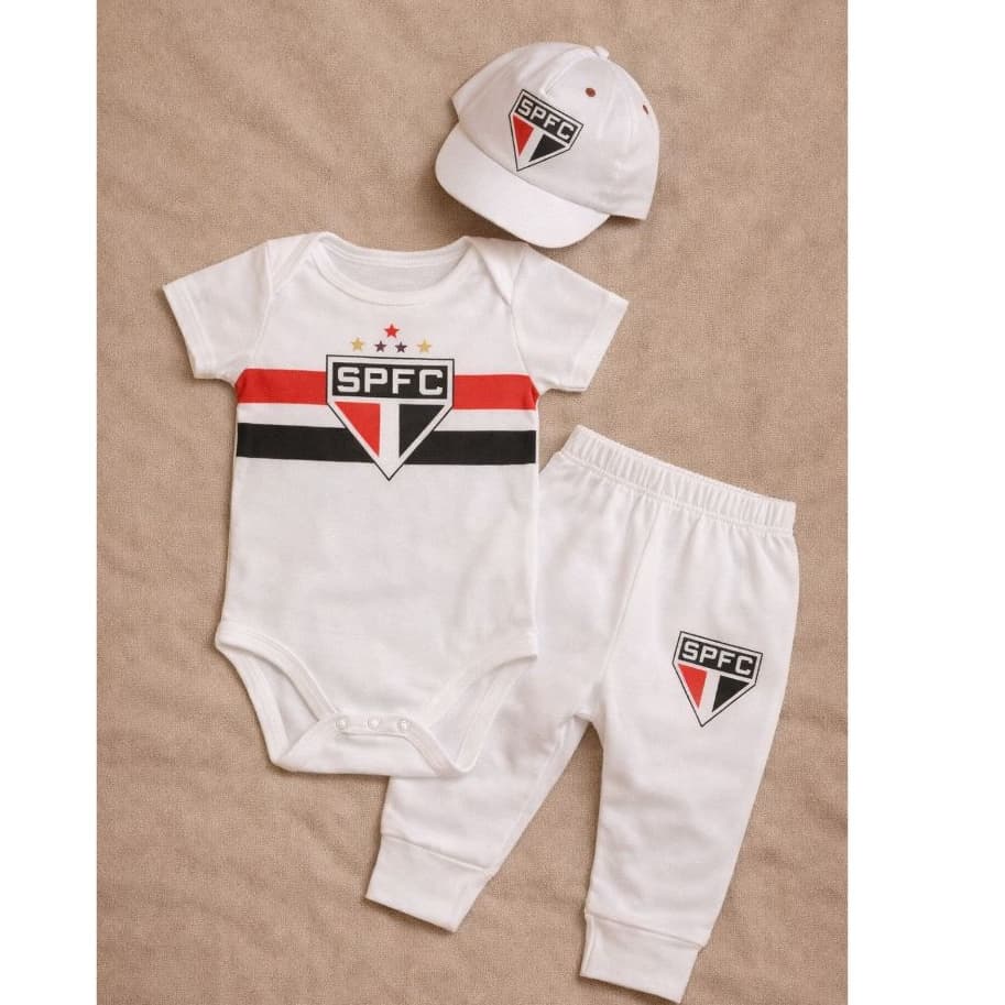 Conjunto Time Body + Mião Vira Pé + Boina Bebê São Paulo Tricolor Inverno Calça Uniforme
