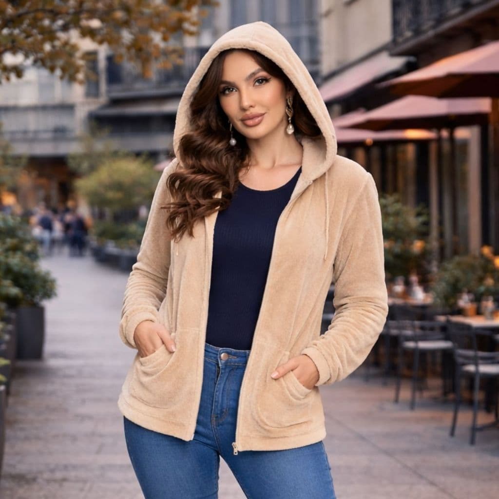 Blusa Teddy Feminino Casaco Peluciada Inverno Bolsos Capuz