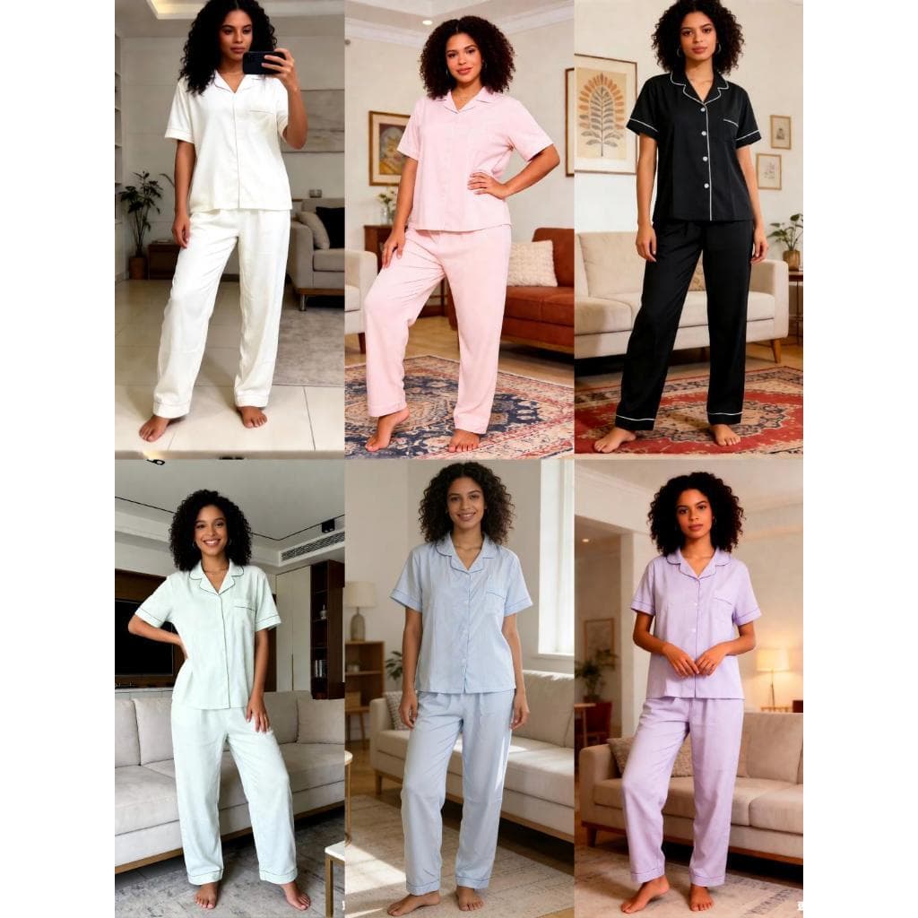 Conjunto de pijama feminino com botões na frente, manga curta e calça em viscose macia.