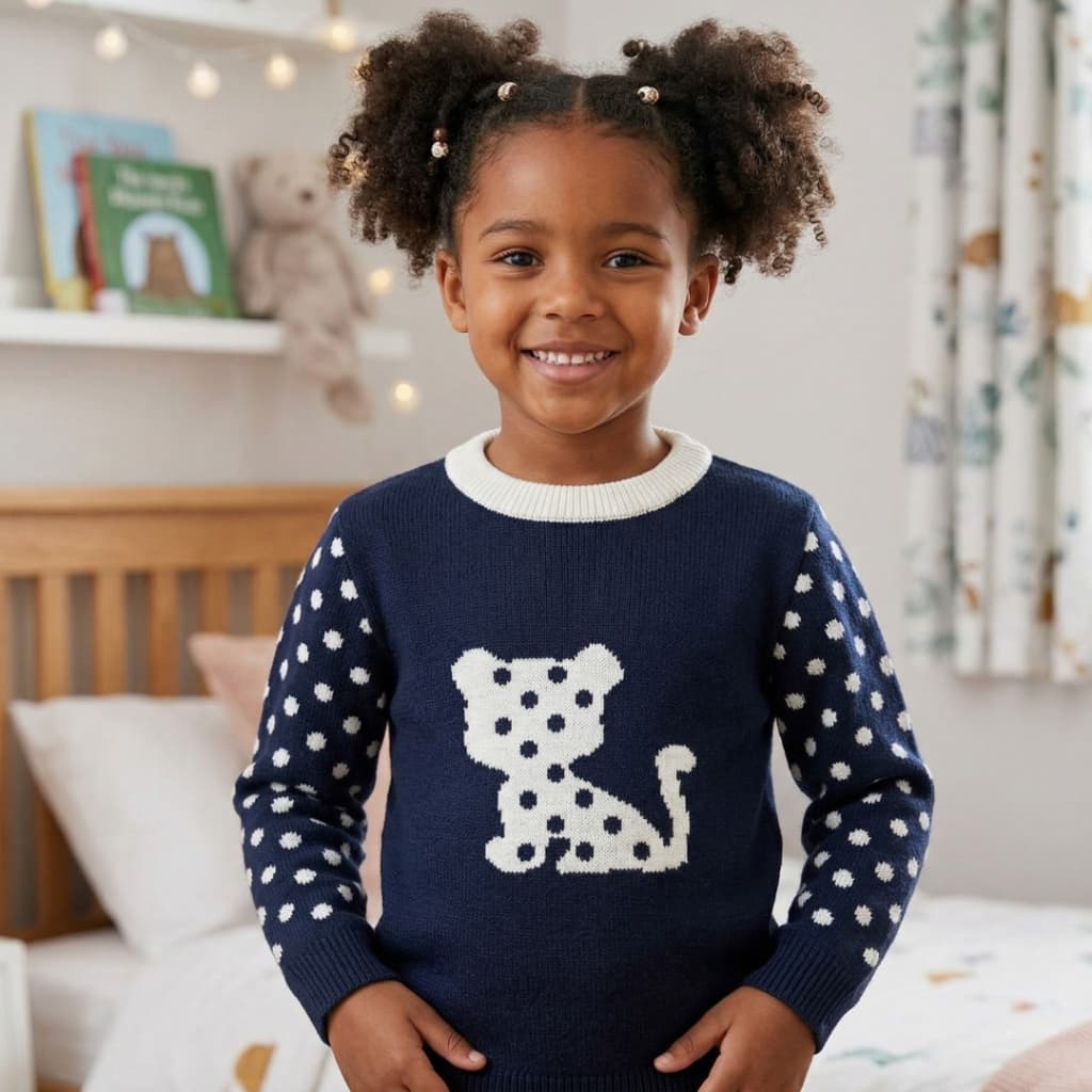 Blusa de Frio Infantil Feminina em Tricô Premium Quentinho Estampa Jacquard Oncinha Poá