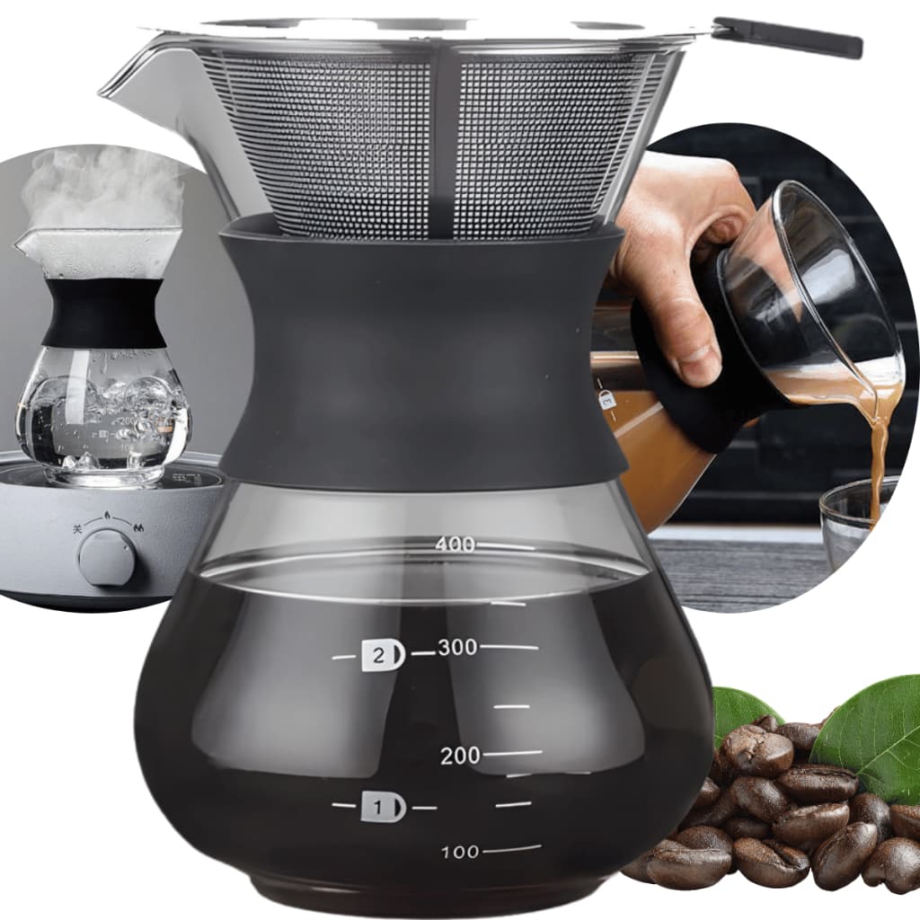 Cafeteira Vidro Coador Café Aço Inox Anel Silicone 400 Ml Manual Filtro Coar Passar Café da Manhã