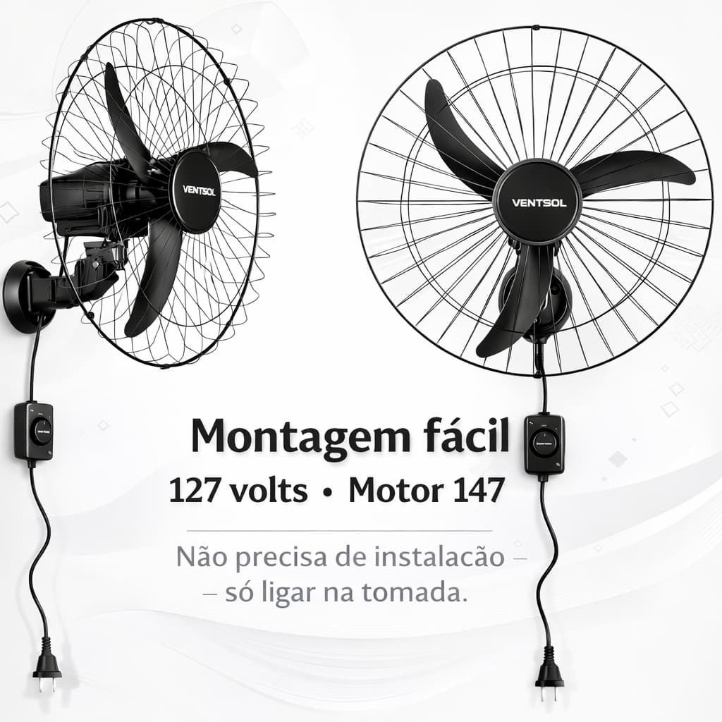 Ventilador de Parede Silencioso Steel 60cm Grade de Aço Comercial Motor 147w Potente Preto 127v