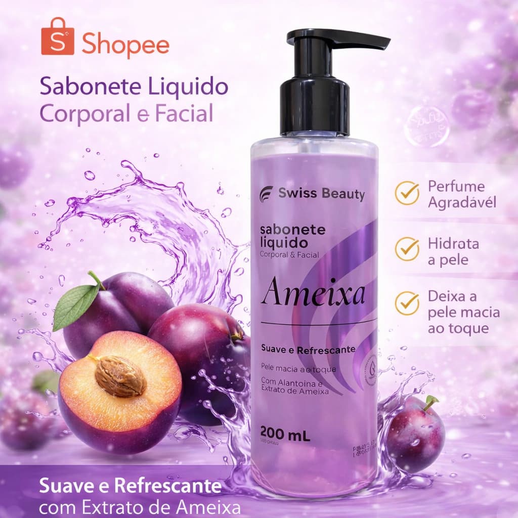 Sabonete Líquido Ameixa 200ml Hidratante Corporal e Facial com Alantoína e Extrato Natural