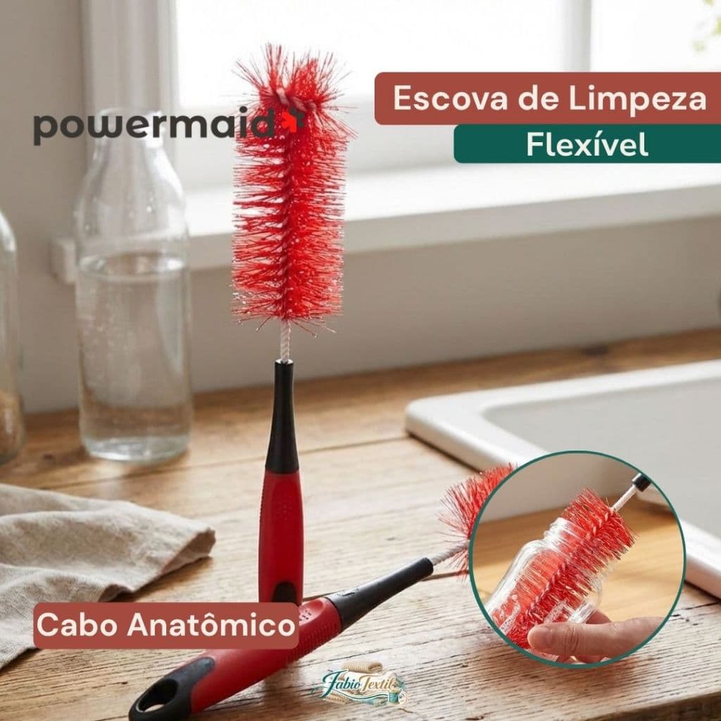 Escova Limpa Garrafas Longo Alcance Cerdas Flexíveis Cabo Anatômico Powermaid