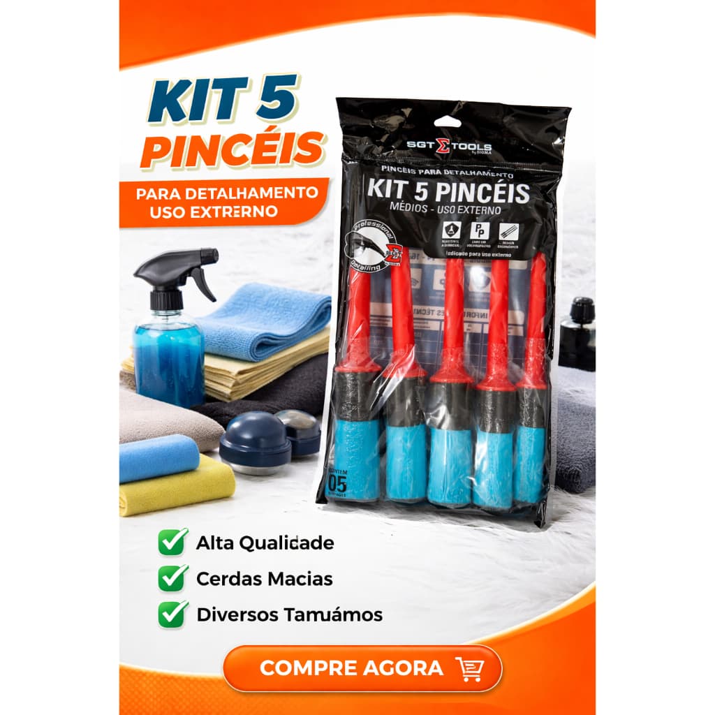 Kit 5 Pinceis Detalhamento Automotivo Limpeza Carro Rodas Painel Interior Externo