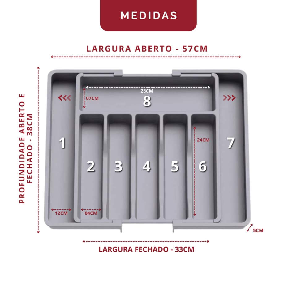 Organizador de gaveta para talheres com 8 compartimentos e extensor ajustável para melhor organização