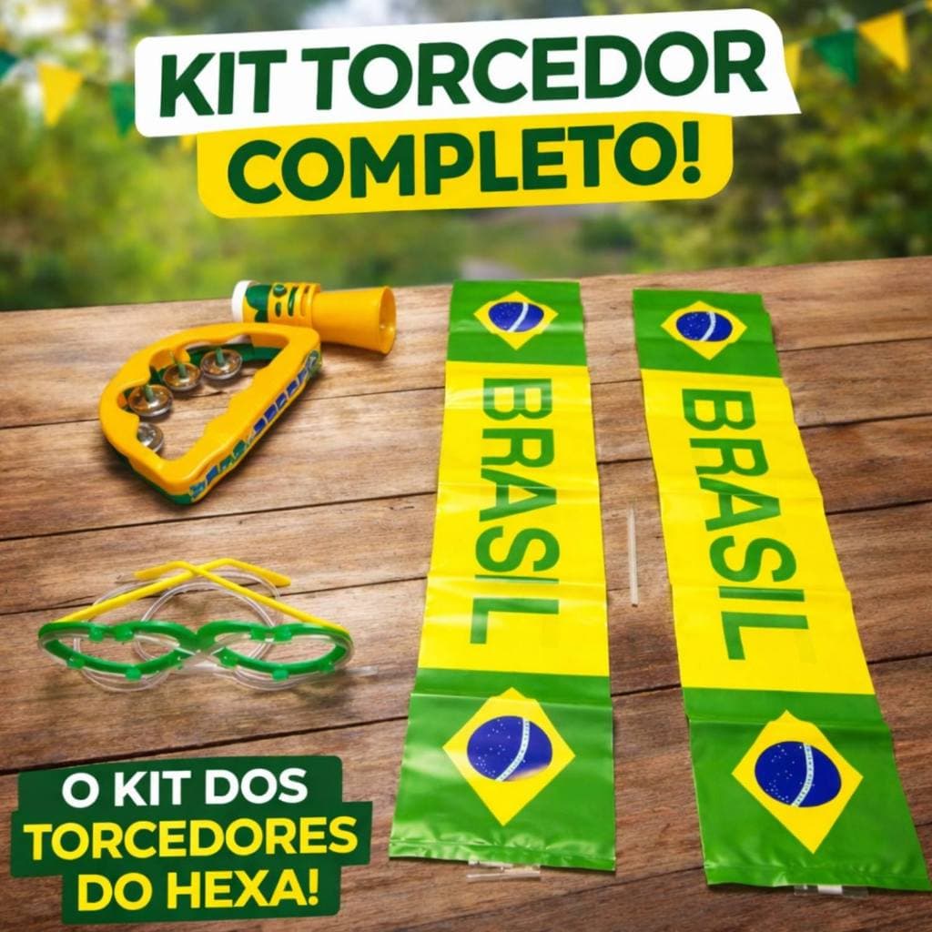 Kit Torcedor Brasil Completo Pandeiro Buzina Bastão Óculos Copa