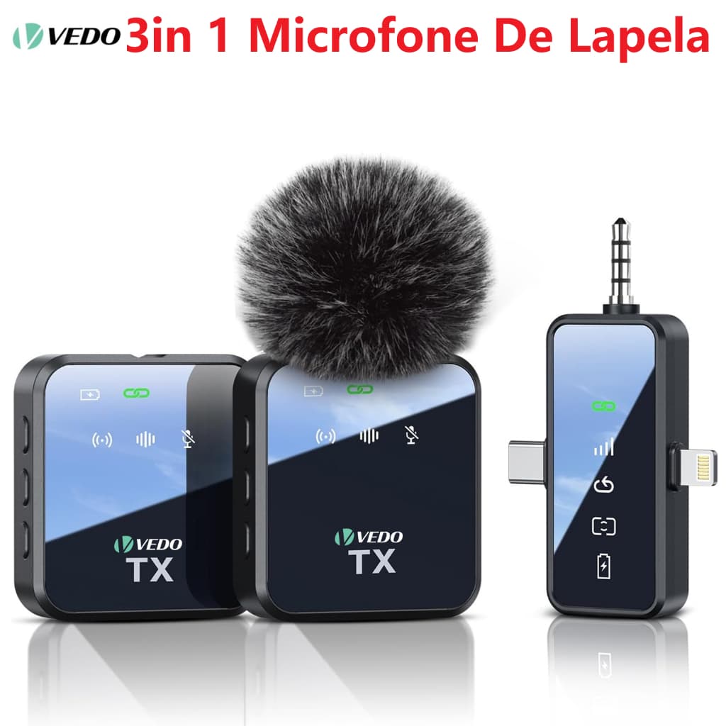 VEDO Microfone De Lapela Duplo Compatível iPhone Android 3in 1 Microfone De Lapela