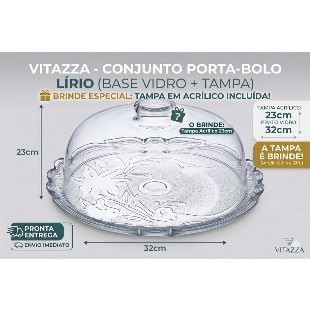 Boleira Porta Bolo Vidro 32cm Flor De Lírio Vitazza + Brinde Tampa 23cm Acrílico