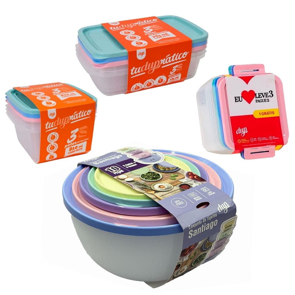 Kit Tigelas Santiago Transparente + Potinhos DUP 785ml / 810ml / 900ml Livre de BPA Empilháveis
