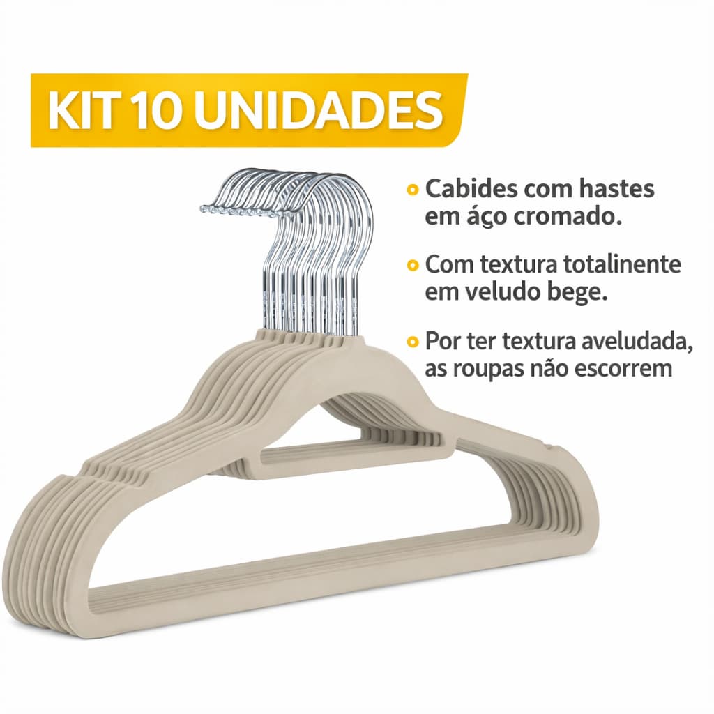 Kit 10 Cabides Veludo Slim Bege Antiderrapante Ultra Fino Cromado