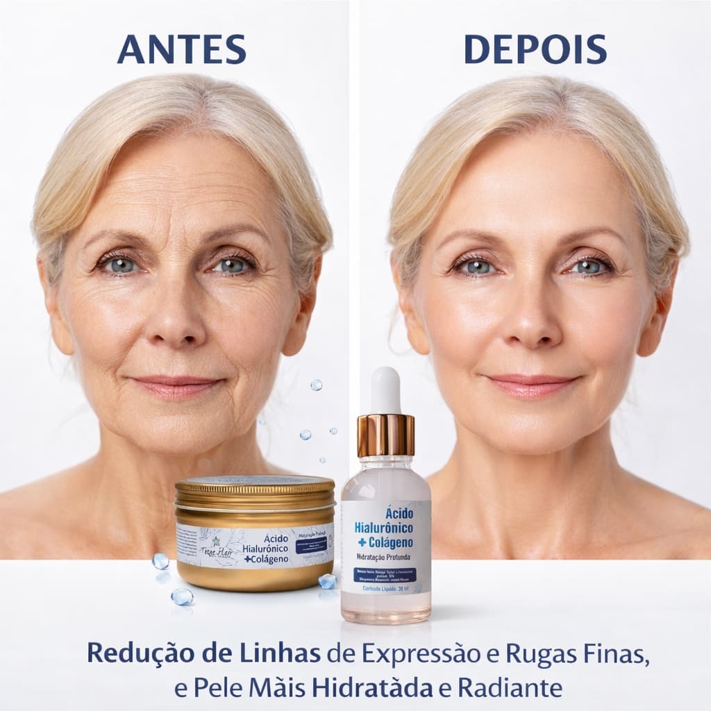 Kit Serum + Creme de Acido hialuronico com colageno efeito rejuvenescedor para reduzir linha de expressao e rugas