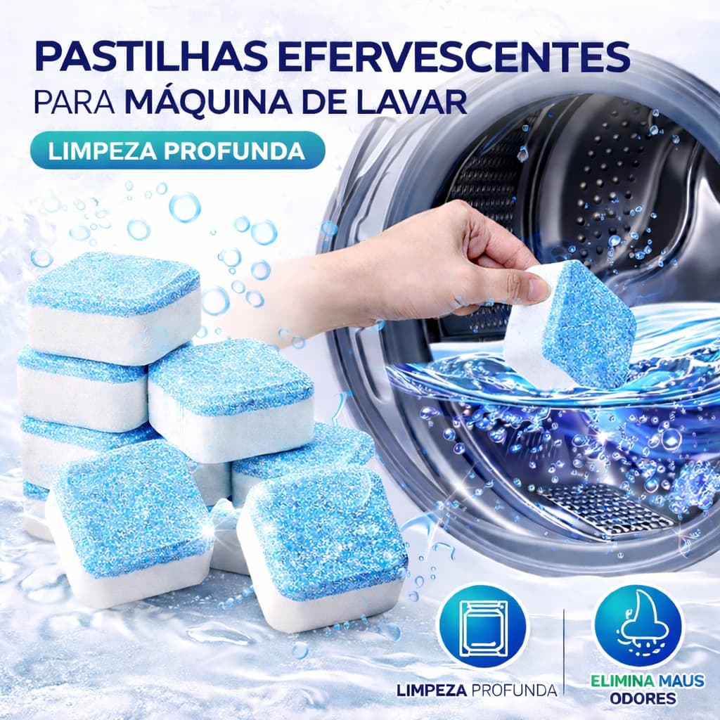 Kit 10 Pastilhas Efervescentes Multifuncional para Higienização Limpeza de Máquina de Lavar Roupas