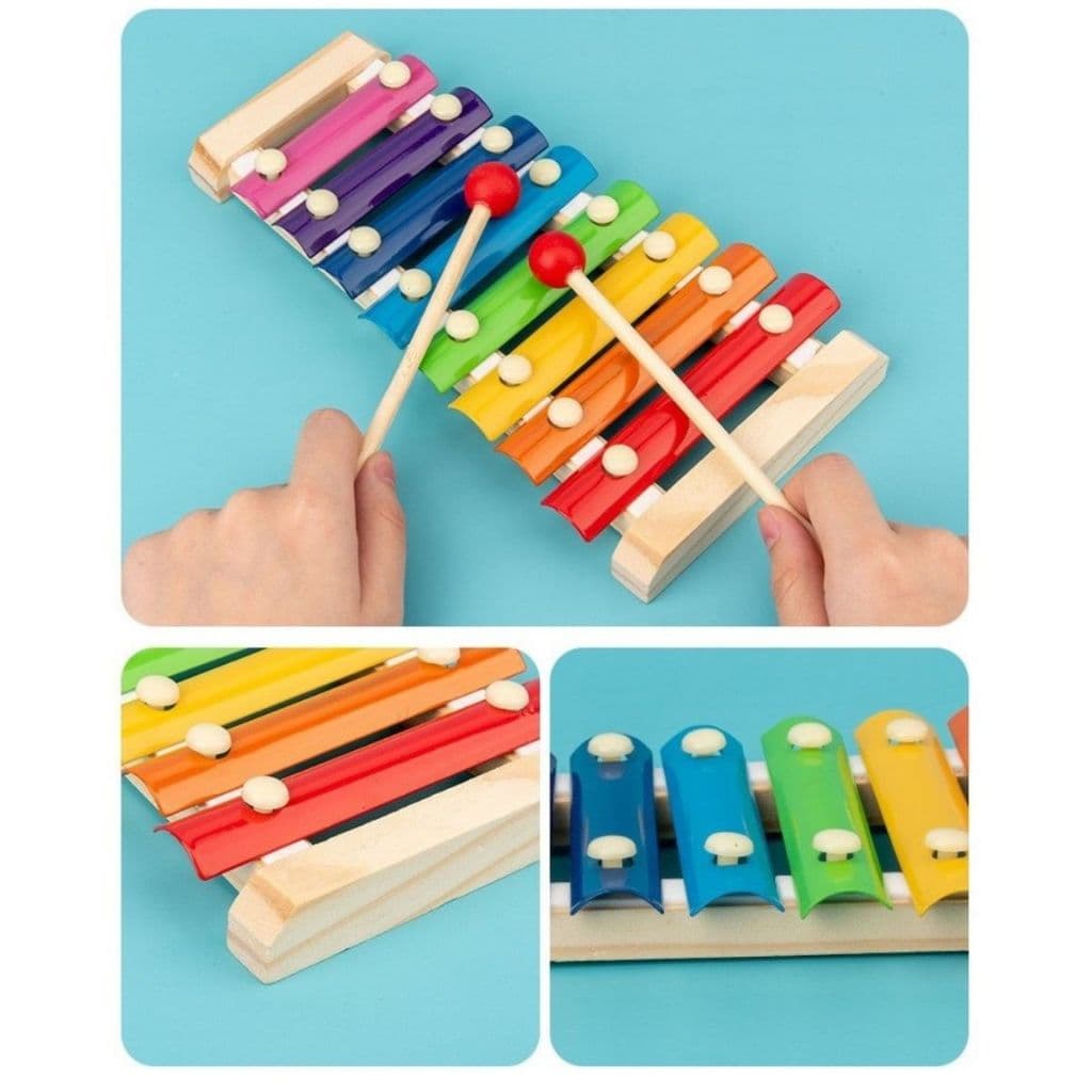 Xilofone Instrumento Musical Infantil Com 8 Notas Musicais e 2 Baquetas em Madeira e Metal