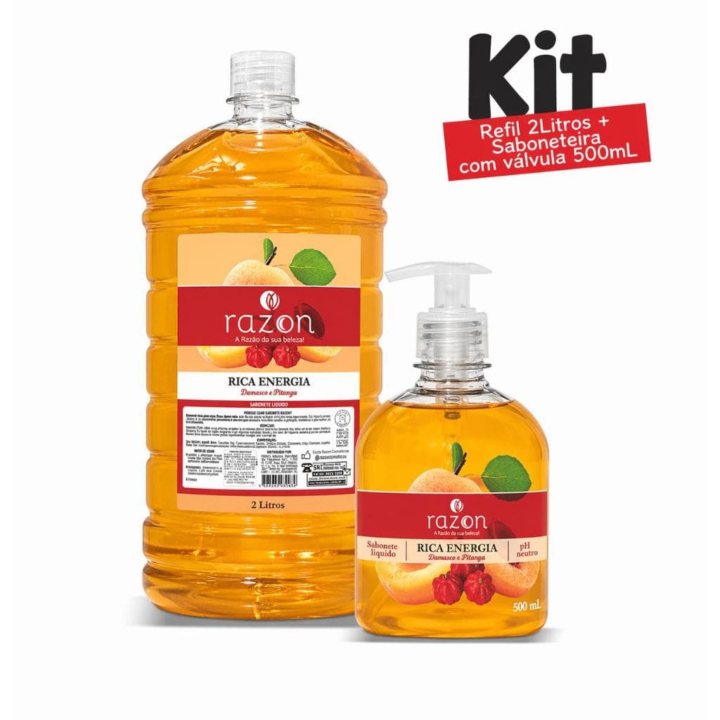 Kit 01 Sabonete Liquido 2L Refil +  01 sabonete liquido 500ml Rica Energia (Damasco com Pitanga ) - Razon Cosmeticos