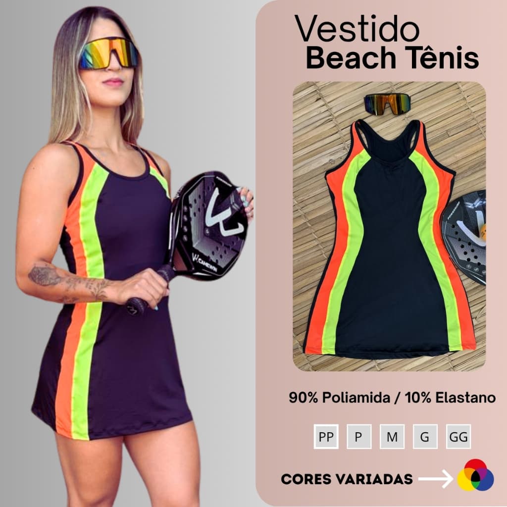 Vestido Beach Tennis Preto Com Detalhe Amarelo Limão E Laranja Fitness Conforto Poliamida Feminino
