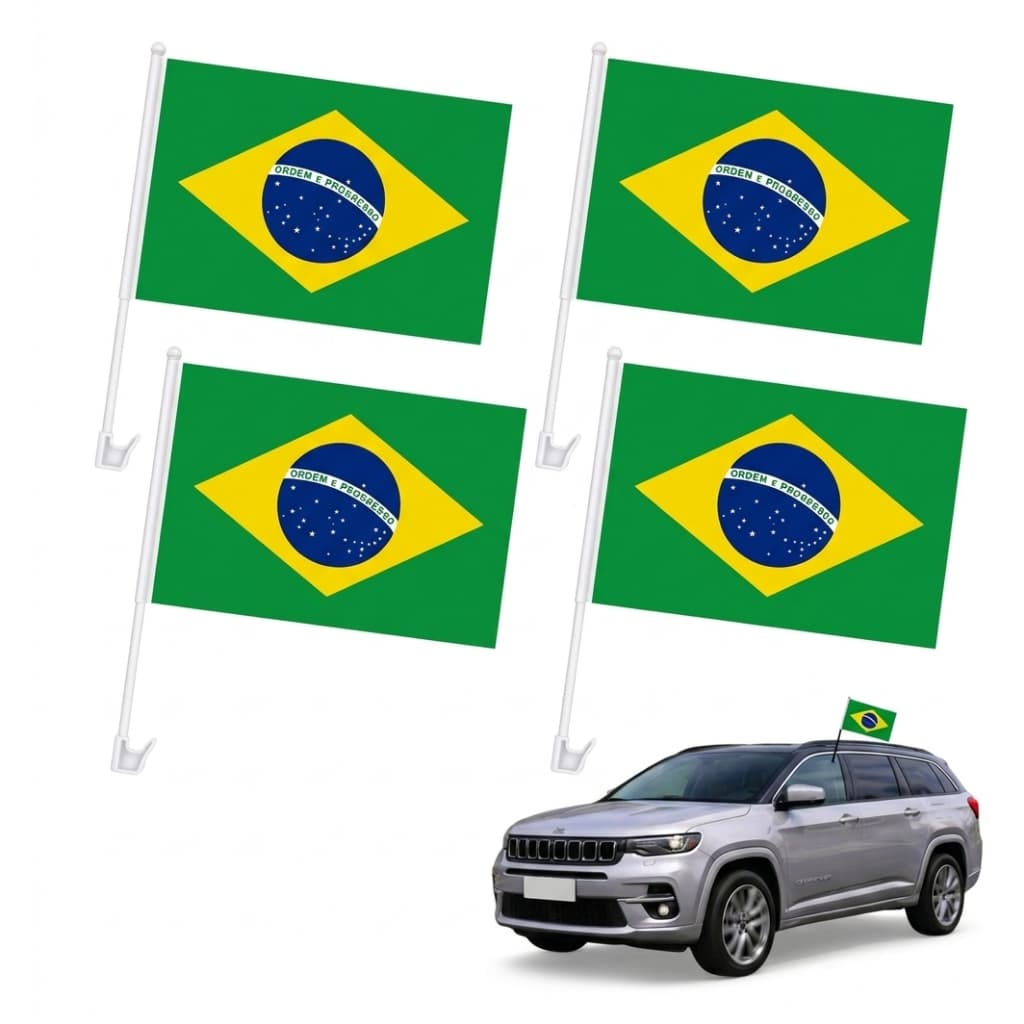 Kit 4 Bandeiras do Brasil para Carro com Haste para Vidro Copa do Mundo Seleção Brasileira Carreata