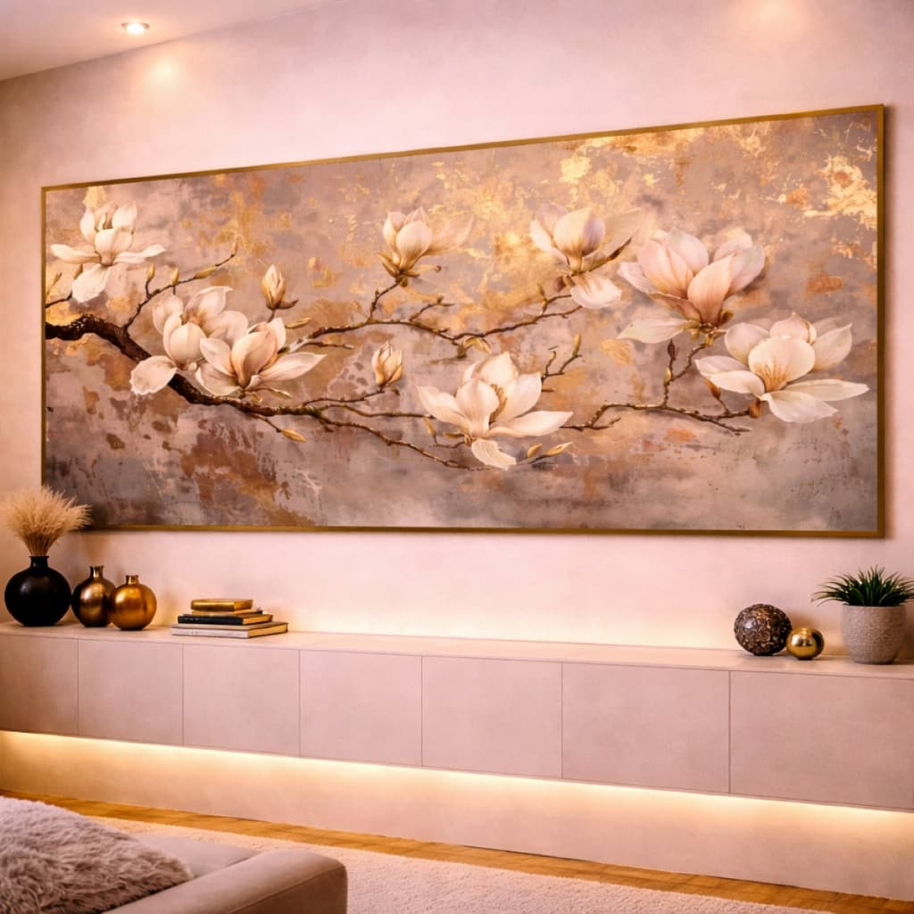 Quadro Decorativo Flor Galhos Dourada Moderna Sala HD  110x70