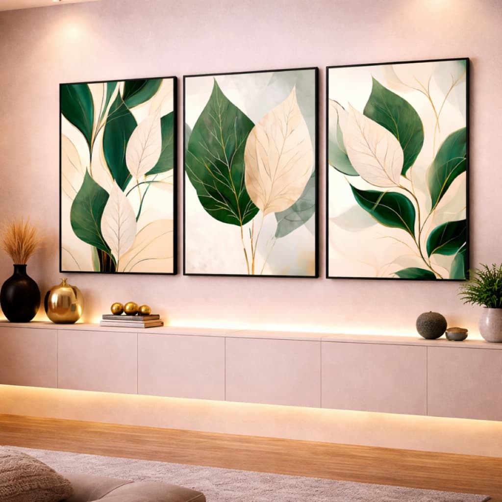 Quadro Decorativo Botânico Folhagem Verde Arte Moderna  Elegante Para Sala Quarto Escritorio 3 Peças