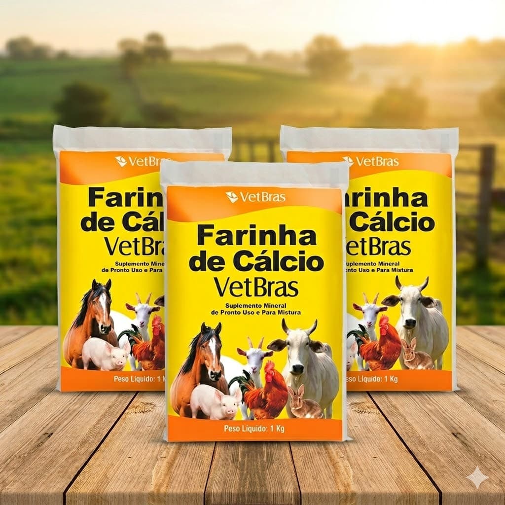 3 unidades Farinha De Cálcio Vetbras 1kg Equinos/aves/bovinos/suínos Farinha de Cálcio