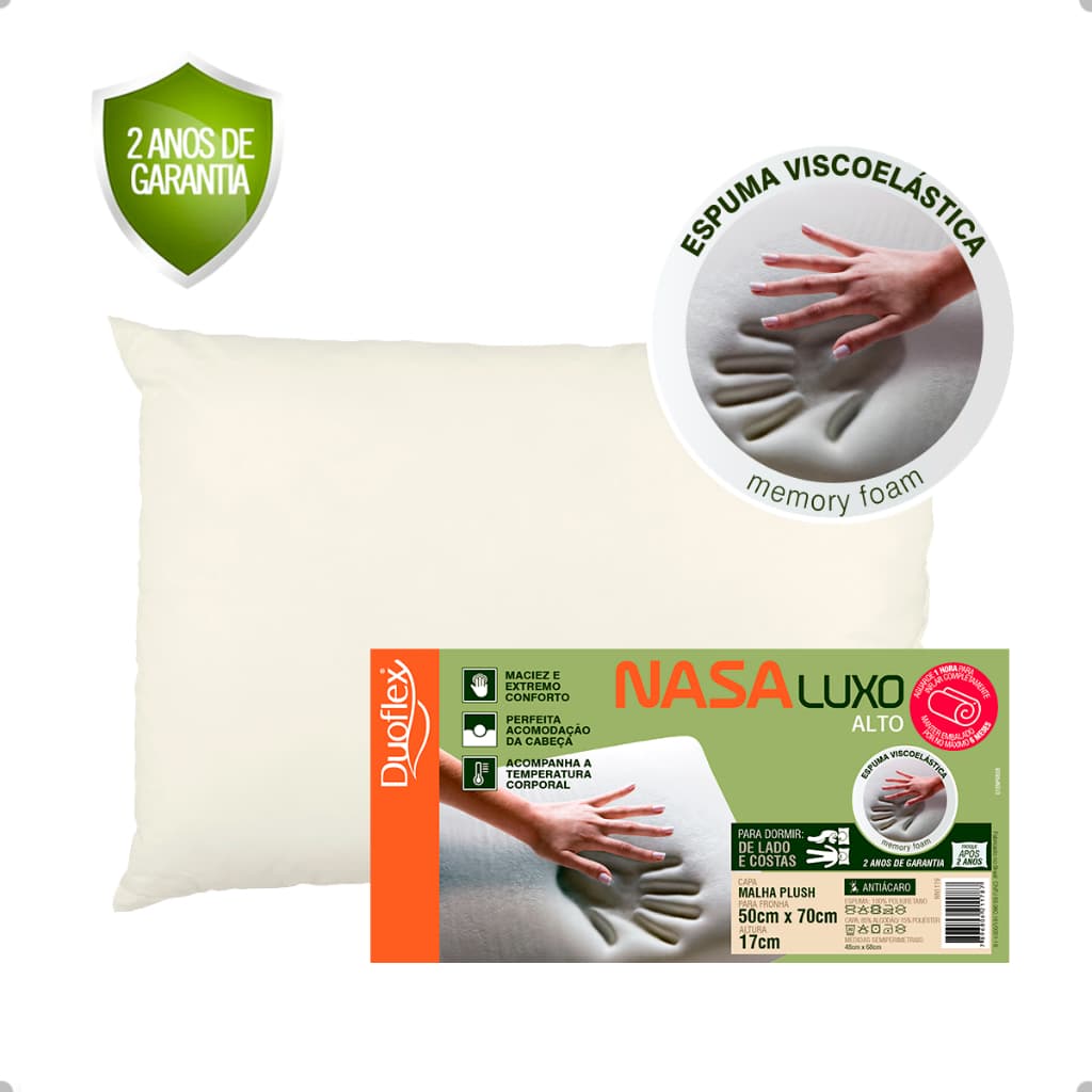 Travesseiro Nasa Luxo Alto Duoflex Espuma Viscoelástica Capa Com Zíper Lavável Algodão Antialérgico